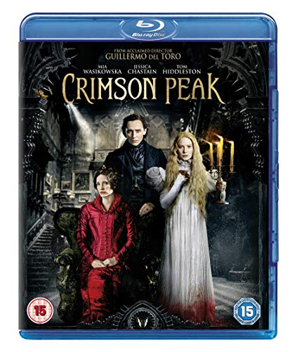 Crimson Peak Blu-ray cover with Mia Wasikowska, Jessica Chastain, and Tom Hiddleston.