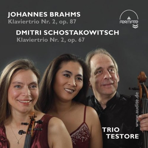 CD cover featuring three musicians with text listing Brahms and Schostakowitsch compositions.