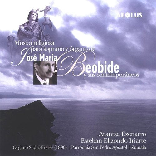 CD cover with cloudy seascape, statues, and text in Spanish, featuring a man's portrait.