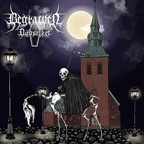 CDSLskeleton in a black cloak riding a skeletal horse past a church at night.