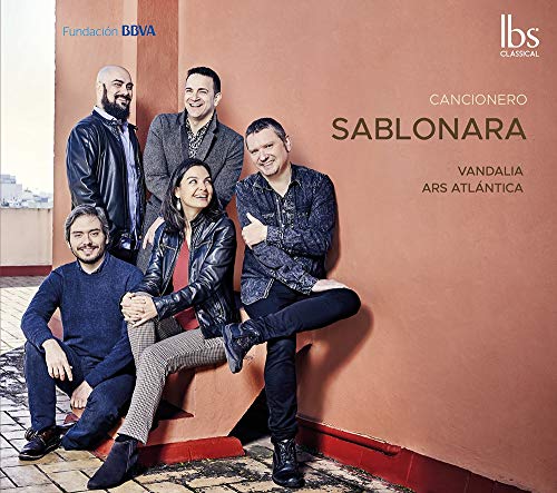 "CD cover art featuring five musicians posing against a salmon-colored wall."