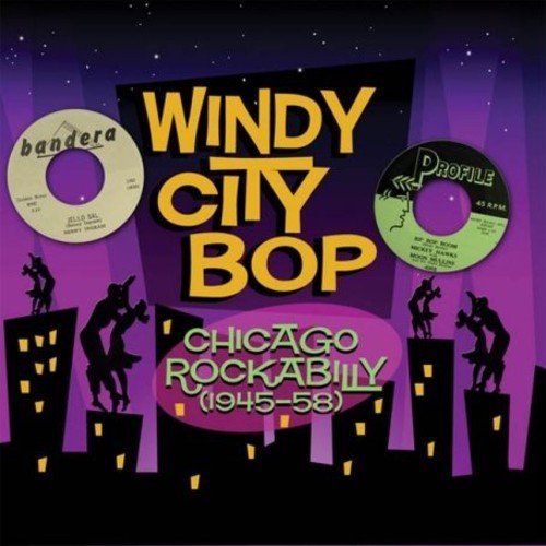 "Album cover with 'Windy City Bop' in yellow, against a purple cityscape background."