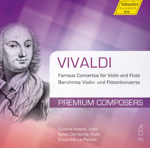 "CD cover featuring a sketch of Vivaldi with purple and pink gradient background."