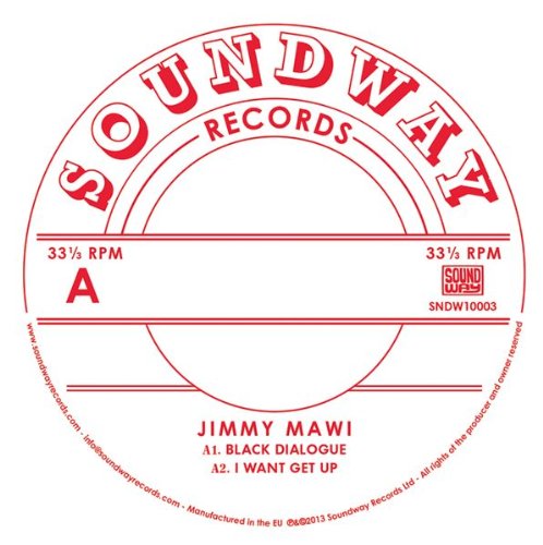Vinyl record label with red text on white background, displaying "Soundway Records" and "Jimmy Mawi".