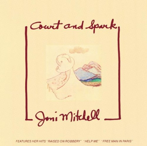 Joni Mitchell's "Court and Spark" CD cover with simple line drawing on orange background.