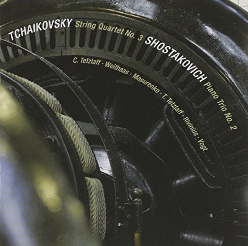 CD cover featuring abstract metalwork and composers Tchaikovsky and Shostakovich.