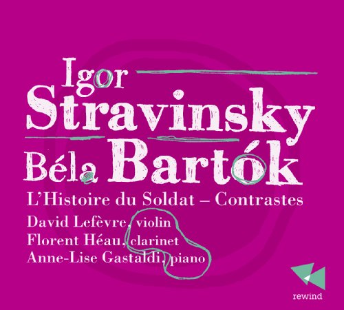 Magenta CD cover with white text, featuring composers' names and musicians' instruments listed.