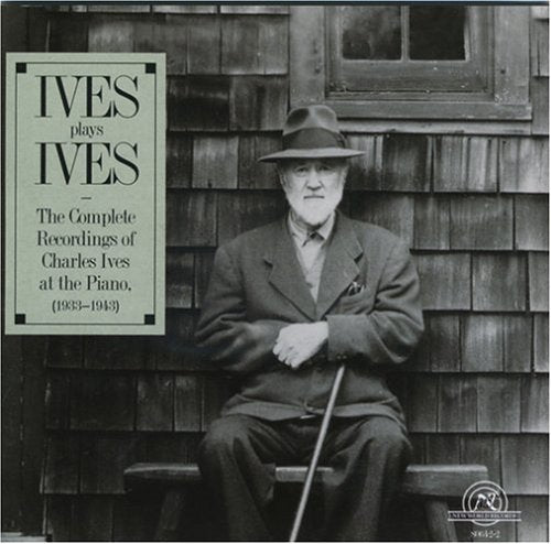 CD cover featuring a portrait of composer Charles Ives seated outdoors.