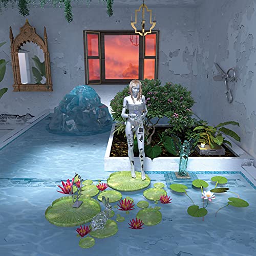 Digital art of a figure in a flooded, overgrown room.