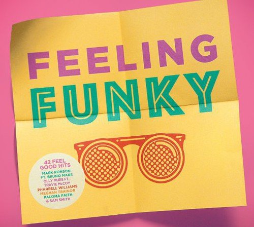 "Yellow CD cover with sunglasses and 'Feeling Funky' text on pink background."