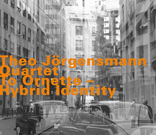 "Album cover with orange text on a black-and-white city street scene."