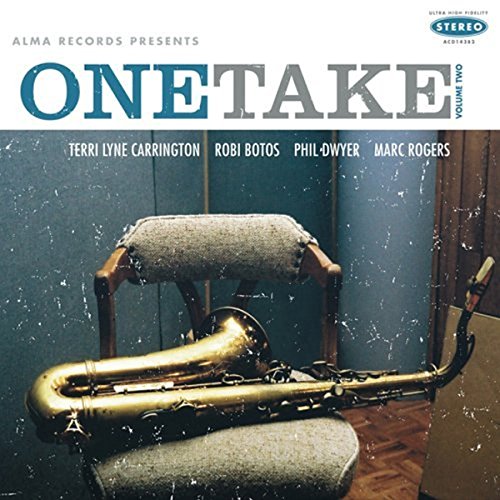 "Jazz album cover featuring a saxophone on a chair against a blue wall."