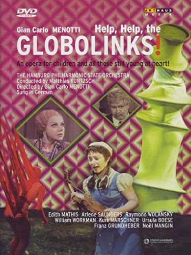 DVD cover for "Help, Help, the Globolinks!" featuring a green alien and opera performers.