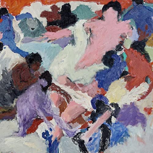 Abstract painting of figures in pink, blue, and purple hues.
