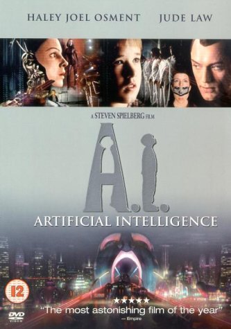 DVD cover for "A.I. Artificial Intelligence" featuring actors and futuristic city.