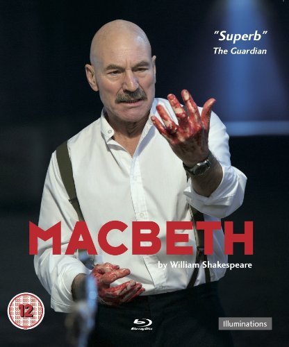 "Bald man with bloody hands, wearing white shirt, on a Blu-ray cover."