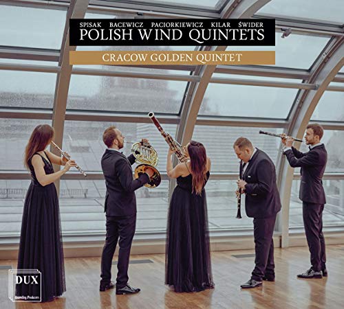 "CD cover featuring five musicians in formal attire playing wind instruments in a modern room."