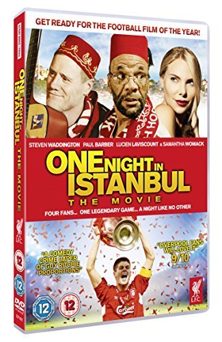 "Red DVD case for 'One Night In Istanbul' with images of actors and confetti."
