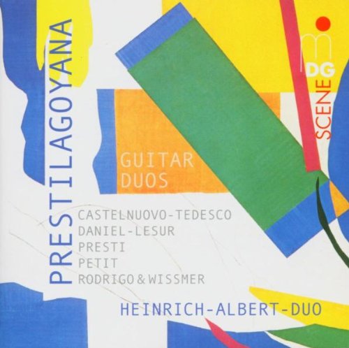 "Album cover with abstract shapes and text 'Prestilagoyana' and 'Guitar Duos'."
