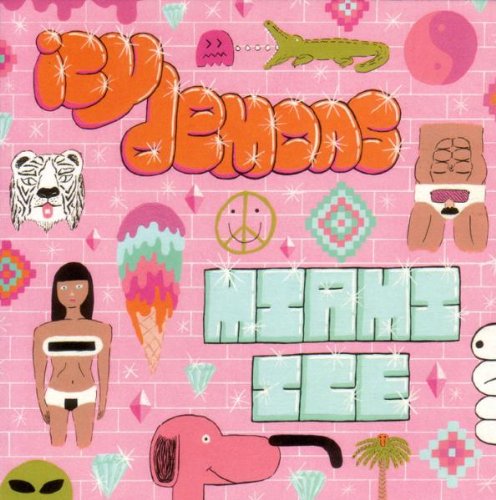 "Album cover with pink background, cartoon graphics, and stylized text 'Icy Demons' and 'Miami Ice'."