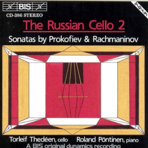 "CD cover with abstract red and yellow design, text 'The Russian Cello 2'."