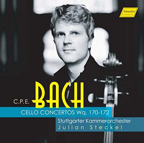 CD cover: Julian Steckel with cello on a tree-lined road.