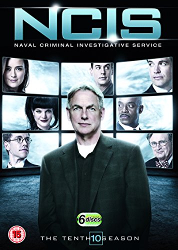 "NCIS Season 10 DVD cover featuring main characters and title, with a man in suit."