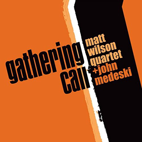 "Album cover with orange background, black shape, and 'gathering call' text in black."