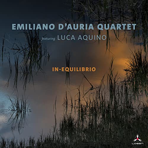 CD cover for Emiliano D’Auria Quartet’s “In-Equilibrio” with water reflection.