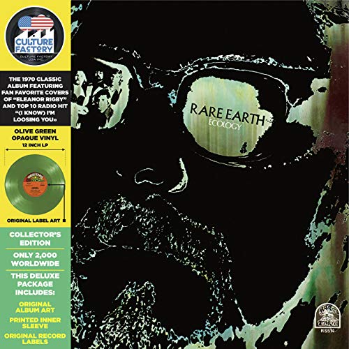 Green vinyl record of Rare Earth’s “Ecology” album with black cover art.