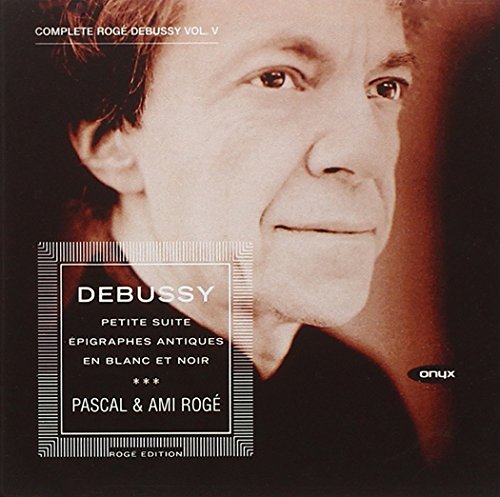 CD cover featuring pianist Pascal Rogé, text listing Debussy compositions.