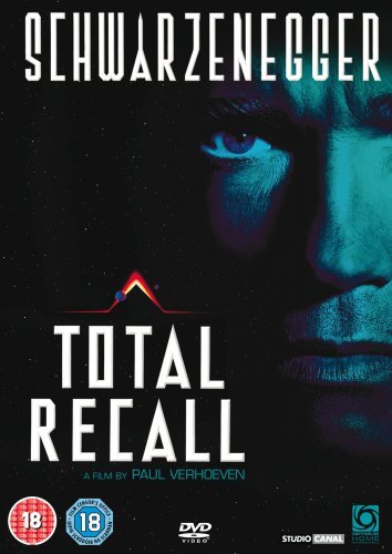 Total Recall DVD cover featuring Arnold Schwarzenegger’s face, blue and black tones.