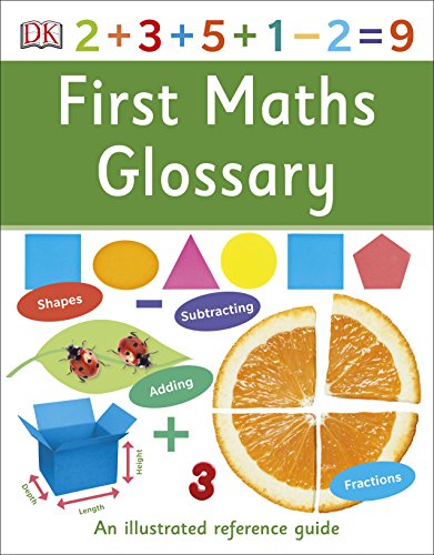"Book cover with green banner, maths concepts illustrations, and 'First Maths Glossary' title."