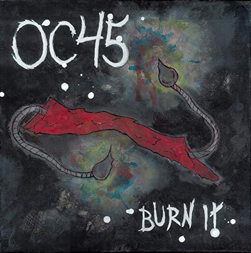 Album cover for Oc45’s “Burn It” featuring red fabric and dark background.