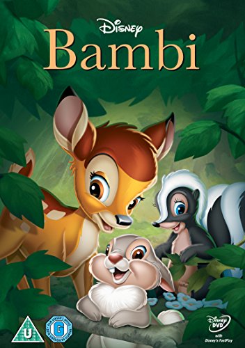 "Bambi DVD cover featuring cartoon deer, rabbit, and skunk in a forest."