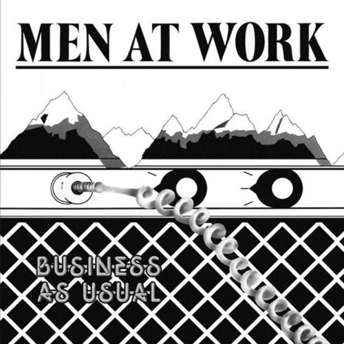 "Black and white album cover with mountains, fence, and construction worker silhouette."