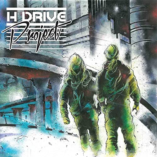 Album cover: two hooded figures in a futuristic, painted cityscape.