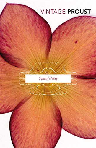 Book cover with a large orange flower and "Swann's Way" in a white banner.