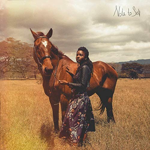 "Album cover featuring a woman standing beside a horse in a field."