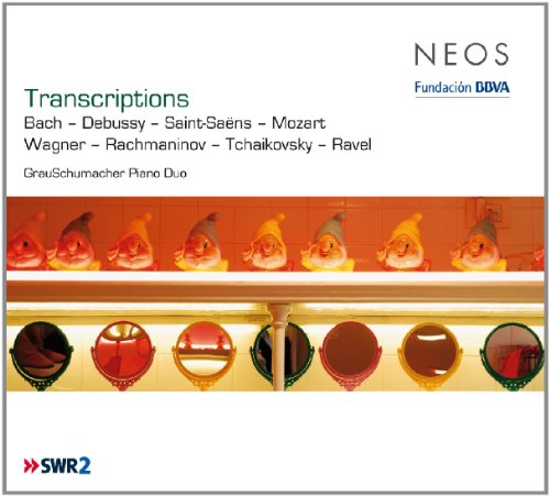 "CD cover with piano keys and gnome figures, white background, and text listing composers."