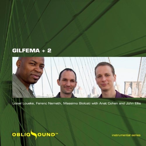 "CD cover with three men on a bridge, green abstract background, 'ObliqSound' logo."