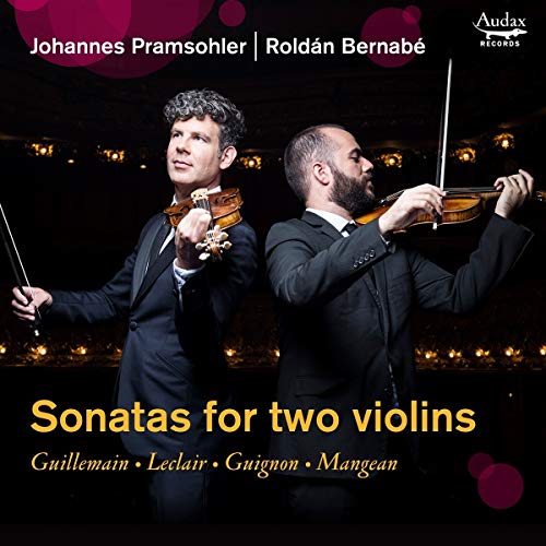 "CD cover featuring two men in suits playing violins on a dark stage."