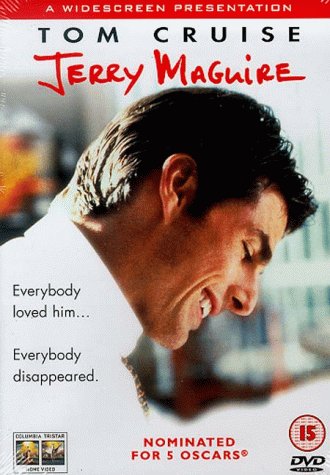 "Tom Cruise in profile on DVD cover with title 'Jerry Maguire' and red banner."