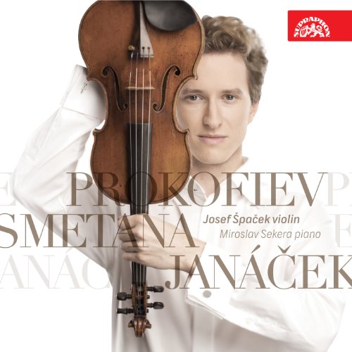 "CD cover with a man holding a violin, white background, and text overlay."