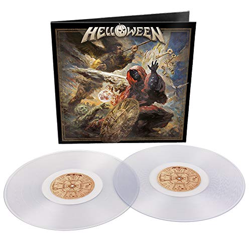 Helloween album cover with two clear vinyl records centered below.