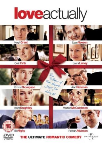 "Love Actually DVD cover featuring a red ribbon and headshots of the main cast."