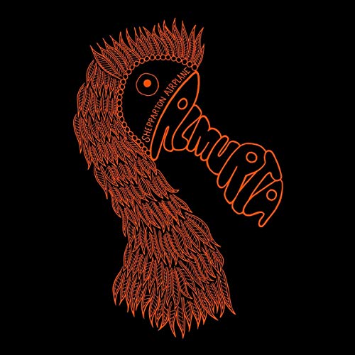 Orange line art of a stylized bird head against a black background.
