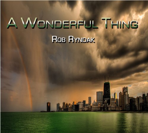 CD cover: stormy sky over Chicago skyline with a rainbow.