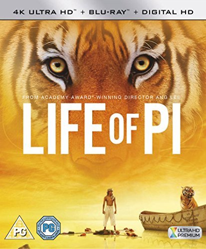"Blu-ray case for 'Life of Pi' with tiger's face and boy on a raft."