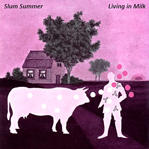 CD cover: pink landscape with a cow, house, and figure juggling balls.